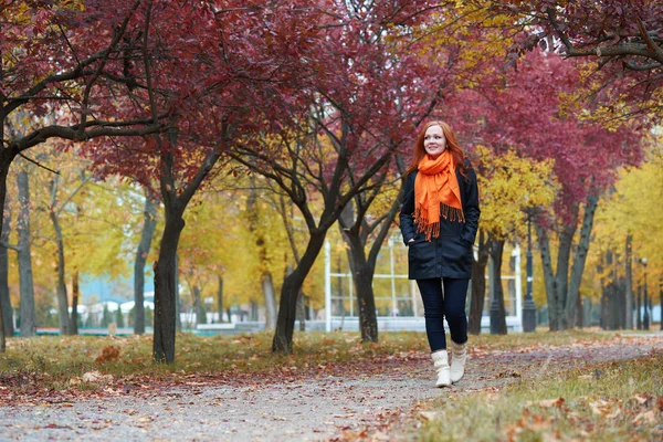 Mujer joven caminar por sendero en el parque de otoño, hojas amarillas y árboles —  Fotos de Stock