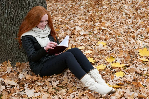 genç kadın ağaç sonbahar Park yakınındaki oturup kitap, sarı yaprakları okuyun