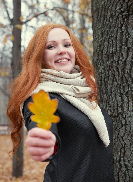 Joven mujer de pie cerca del árbol en el parque de otoño y dar hoja amarilla — Foto de Stock