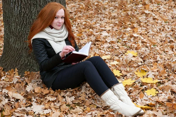 Young woman sit near tree in autumn park and read book, yellow leaves — Stock Photo, Image