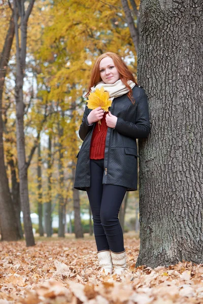 Молодая женщина стоит рядом с деревом в осеннем парке, желтые листья — стоковое фото