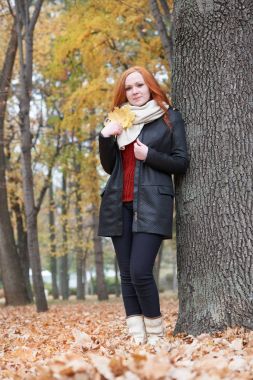 genç kadın stand sonbahar park, sarı yaprakları ağacında yakınındaki