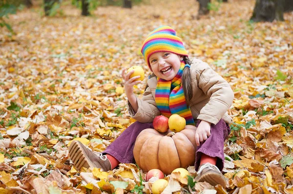 森林は、秋のシーズン秋葉背景に座ってリンゴとカボチャとの楽しみを持つ子 — ストック写真