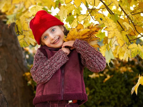 kız sarı sonbahar orman poz içinde bırakır ve arka plan üzerinde ağaçlar