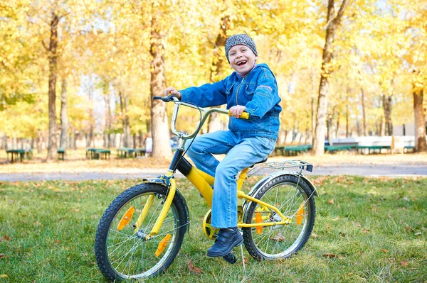 Ragazzo in bicicletta in autunno Parco, luminosa giornata di sole, foglie cadute sullo sfondo — Foto Stock