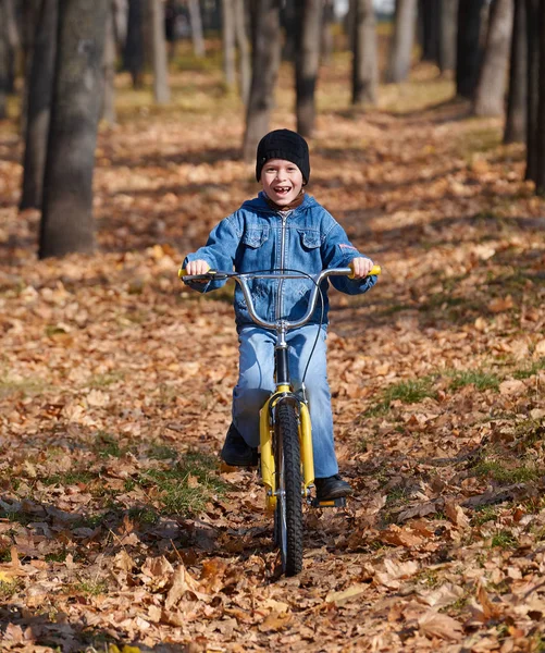 Junge reitet auf Fahrrad im Herbstpark, strahlender sonniger Tag, umgefallenes Laub im Hintergrund — Stockfoto