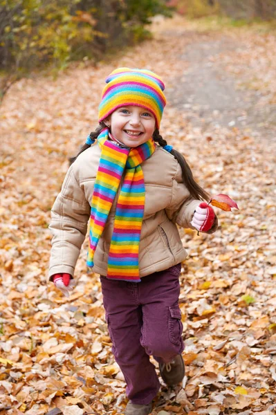 Criança menina corre em um caminho na floresta de outono através de folhas caídas fundo — Fotografia de Stock