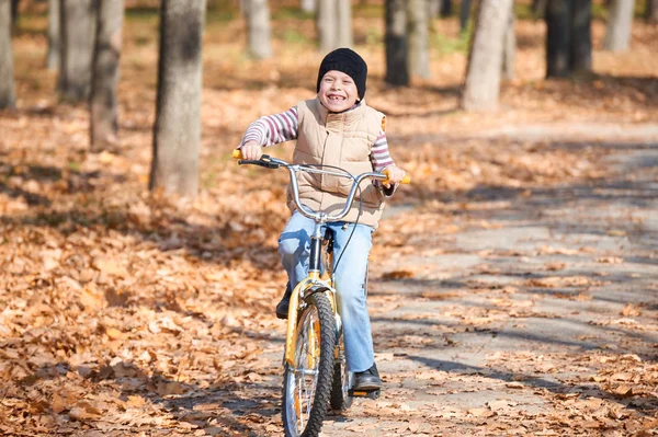 Мальчик на велосипеде в осеннем парке, яркий солнечный день, опавшие листья на заднем плане — стоковое фото