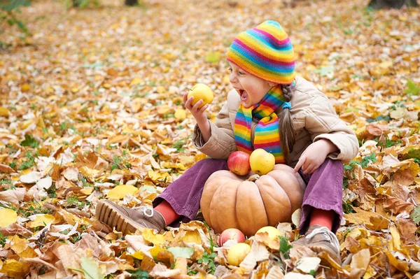 Kind isst Apfel und Kürbis im Wald, sitzt auf Herbstblättern im Hintergrund, Herbstzeit — Stockfoto