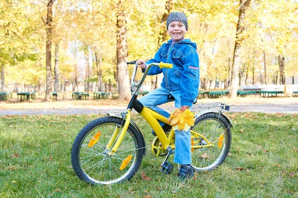 Junge reitet auf Fahrrad im Herbstpark, strahlender sonniger Tag, umgefallenes Laub im Hintergrund — Stockfoto