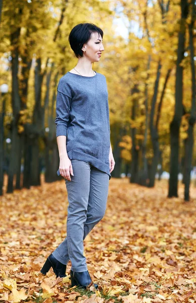 Girl stand in autumn park with yellow trees, fall season — Stock Photo, Image