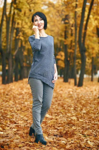 Kobieta stwarzających w jesień park z drzewami żółty, jesienią sezonu — Zdjęcie stockowe