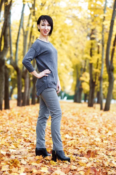 Young woman posing in autumn park with yellow trees, fall season — Stock Photo, Image