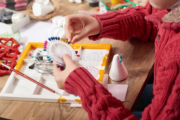 Child make crafts and toys, handmade concept. Artwork workplace with creative accessories. — Stock Photo, Image