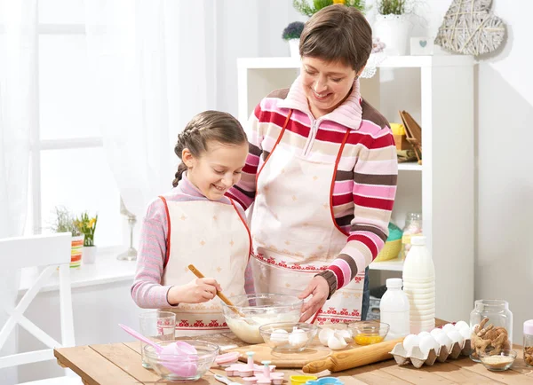 Mother and daughter cook at home. make the dough for buns