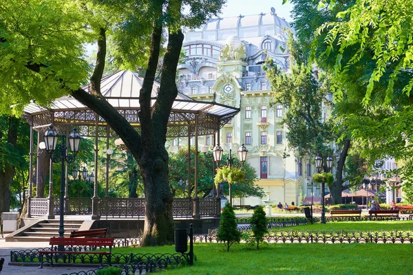 Летний городской парк, яркий солнечный свет, зеленые деревья и тени — стоковое фото