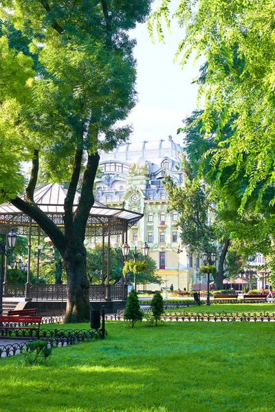 Yaz Şehir Parkı, parlak güneşli, yeşil ağaçlar ve gölgeler — Stok fotoğraf