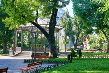Şehir Parkı yaz, parlak güneşli, yeşil ağaçlar ve gölgeler