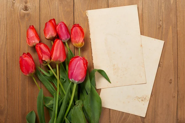 Tulipas estão em placas de madeira, folha de papel em branco velho com lugar para o texto - férias e conceito de saudação — Fotografia de Stock