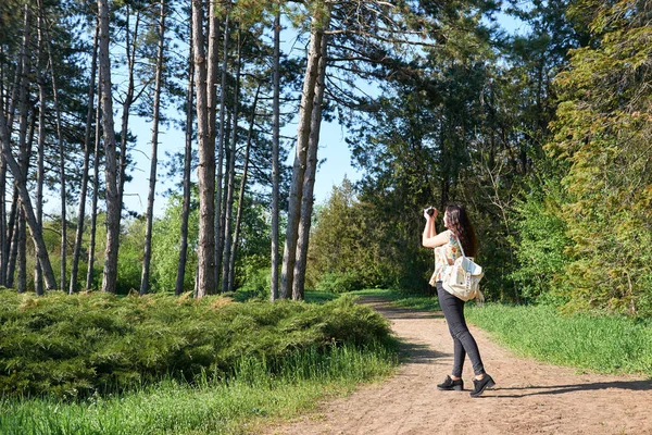 Chica con cámara tomando fotos de la naturaleza en primavera, hermoso bosque y árboles en un día soleado —  Fotos de Stock