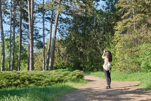 Chica con cámara tomando fotos de la naturaleza en primavera, hermoso bosque y árboles en un día soleado —  Fotos de Stock