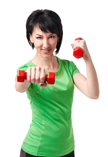 Niña Posando Con Pesas Estudio Aislado Sobre Fondo Blanco Deporte — Foto de Stock