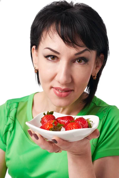 Girl Posing Strawberry Isolate White Background Healthy Food Concept — Stock Photo, Image