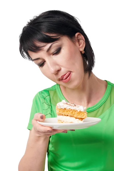 Menina Posando Com Doce Bolo Lamber Lábios Isolar Fundo Branco — Fotografia de Stock