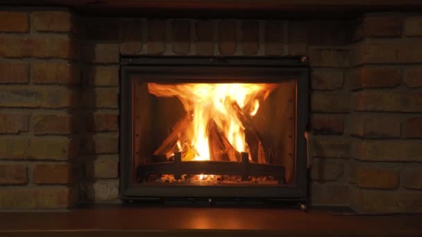 燃烧的萤火虫 在石头壁炉中燃烧的篝火 夜间取暖 — 图库视频影像