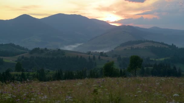 Coucher de soleil d'été dans les montagnes des Carpates, panorama des Carpates en soirée, ciel coloré, maisons et brouillard, belle vue 