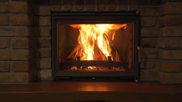 Burning Fireplace Glowing Fire Stone Fireplace Warm Night — Stock Video