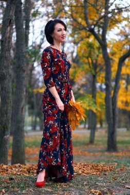 Güz parkında ayakta duran ve sarı yapraklarla poz veren zarif bir kadın.