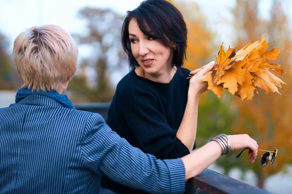 Dwie dziewczyny rozmawiające i pozujące w jesiennym parku. Piękna dorosła kobieta, blondynka i brunetka. — Zdjęcie stockowe