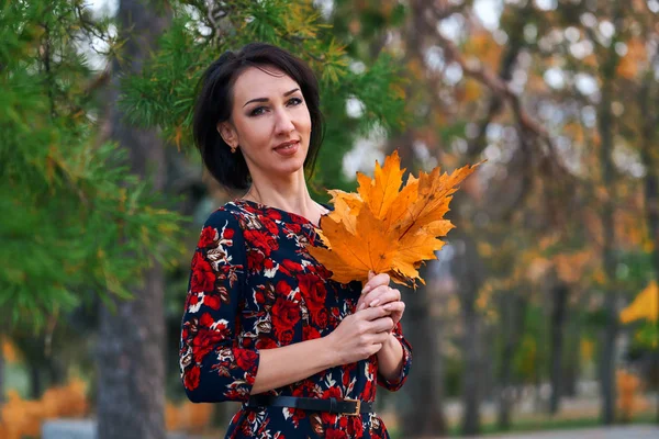 Schöne elegante Frau steht und posiert mit einem Strauß gelber Blätter im herbstlichen Stadtpark — Stockfoto