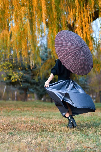 Belle femme élégante tournant et posant avec parapluie dans le parc de la ville d'automne — Photo
