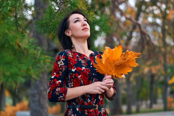 Krásná elegantní žena stojící a pózující s kyticí žlutých listů v podzimním městském parku — Stock fotografie