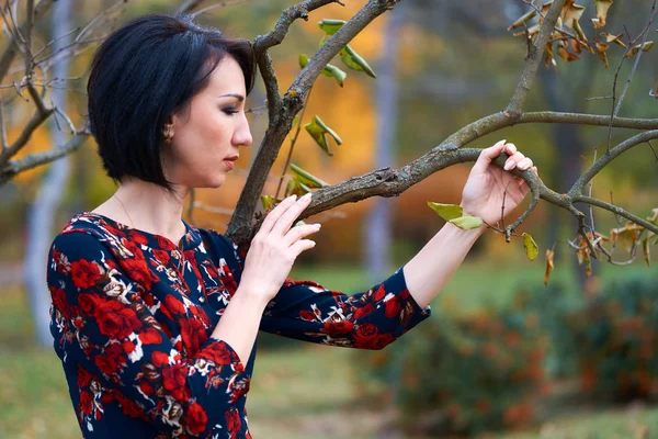 Krásná elegantní žena stojící a pózující poblíž větví v podzimním městském parku — Stock fotografie