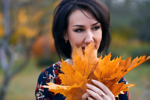 Schöne elegante Frau steht und posiert mit einem Strauß gelber Blätter im Herbst Stadtpark, Gesicht Nahaufnahme — Stockfoto