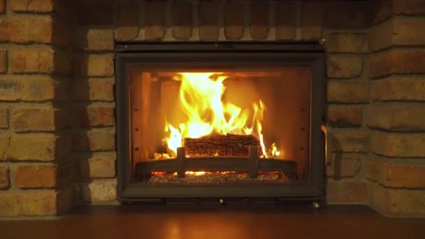 Brennender Kamin Ein Glühendes Feuer Steinernen Kamin Sich Nachts Erwärmen — Stockvideo