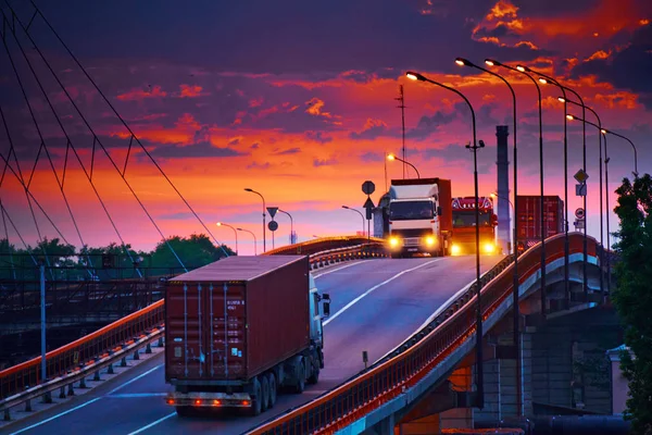Camion avec des manèges à conteneurs sur la route, le transport ferroviaire, les wagons de fret dans le port maritime industriel au coucher du soleil — Photo