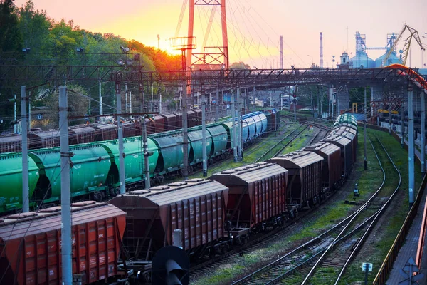 Transport ferroviaire, wagons de marchandises dans le port maritime industriel au coucher du soleil — Photo