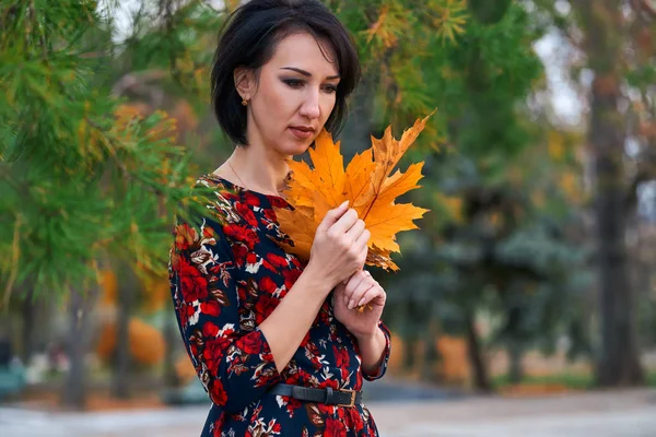 Schöne elegante Frau steht und posiert mit einem Strauß gelber Blätter im herbstlichen Stadtpark — Stockfoto