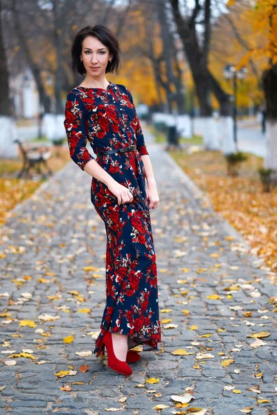 Beautiful elegant woman posing in a city street, autumn season — Stock Photo, Image