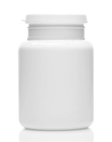 Witte plastic medische fles zonder etiket, schoon en nieuw, container voor pillen, tabletten, vitaminen, medicijnen, capsules, medicijnen en voedingssupplement voor de gezondheidszorg. Farmaceutische industrie. Apotheek. — Stockfoto