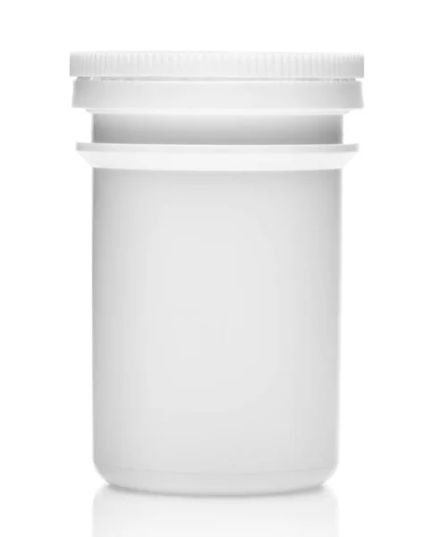 Biała plastikowa butelka medyczna bez etykiety, czysta i nowa, pojemnik na tabletki, tabletki, witaminy, leki, kapsułki, leki i suplement diety do opieki zdrowotnej. Przemysł farmaceutyczny. Apteka. — Zdjęcie stockowe