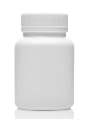 White plastic medical bottle without label, clean and new, container for pills, tablets, vitamins, drugs, capsules, medicament and food supplement for healthcare. Pharmaceutical industry. Pharmacy.