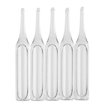 Ampoules. Transparent capsules with liquid on white background. Medicament for health care. Pharmaceutical industry. Pharmacy.