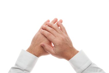 Man hands gesture isolated on white background. White shirt, business style.