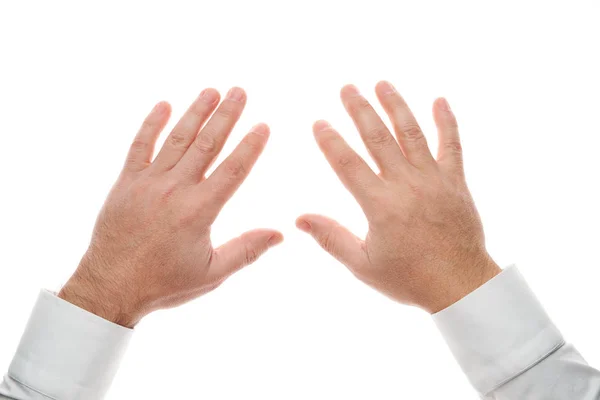 Man hands gesture isolated on white background. White shirt, business style. — Stock Photo, Image