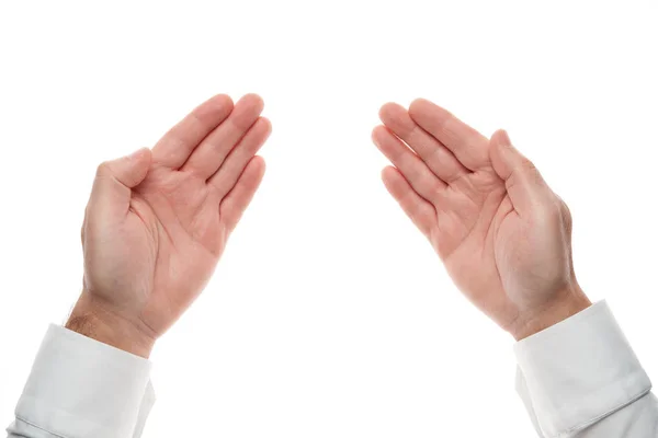 Man hands, palm gesture, isolated on white background. White shirt, business style. — 스톡 사진